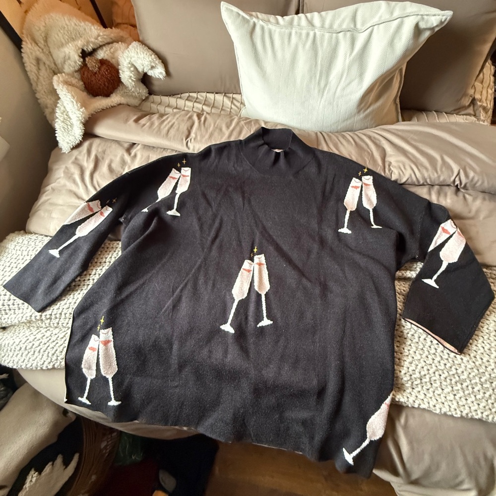 Black Turtleneck Sweater with Champagne Pattern